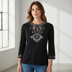 Vintage Black Embellished Beaded Keyhole  3/4 Sleeve Knit Top Sz XL Chic Party